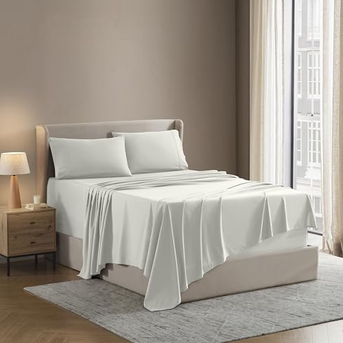 Image of Nestl Split King Bed Sheet Set - Off White - 5-Piece Deep Pocket | Instantly Soft, Night-One Ready (No Wash Required). Fits 16-Inch Deep Pockets, 360-Degree Elastic Grip