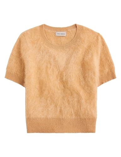 Image of Women's Furry Cropped Sweater Short Sleeve Soft Fuzzy Sweater T Shirt Loose Casual Knit Pullover(0585-Khaki-XS)