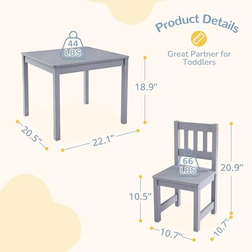 Image of Curipeer Toddler Table and Chair Set, Kids Table and Chairs, Kids Table with Rubber Wood Legs for Children, Toddler Table and 2 Chairs for Kid's Room, Bedroom, Playroom (Gray)