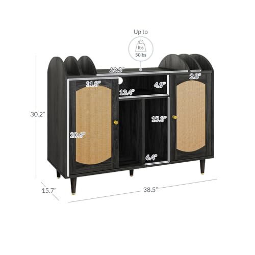 Image of BELLEZE Mid-Century Record Player Stand, Rattan Vinyl Storage Cabinet for 350+ Albums, Turntable Table with Power Outlet, Media Console Music Station for Living Room,Office - Brown
