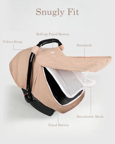 Image of DILIMI Car Seat Covers for Babies, Muslin Cotton Baby Car Seat Cover with Breathable Mesh Window, Summer Infant Car Seat Canopy for Boys Girls Newborn, Gray Taupe
