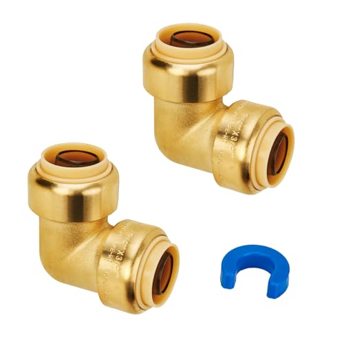 Image of SUNGATOR 3 /4 Inch Elbow, Push-to-Connect Plumbing Fittings, Brass, 2 Pack | 90-Degree Elbow, for Pex Pipe, Copper, CPVC, PE-RT, with 1 Disconnect Clip