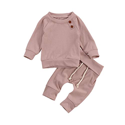 Newborn Infant Baby Girl Ribbed Sweatshirt Solid Long Sleeve T-Shirt Knit Sweater Top Pants Fall Winter Pajamas Clothes (Pink, 3-6 Months)