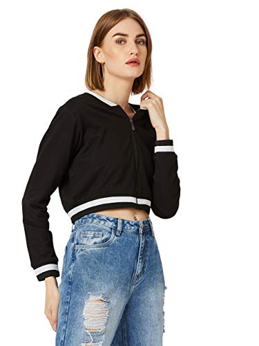 Image of Miss Chase Women's Off White V-Neck Full Sleeves Bomber Cropped Jacket