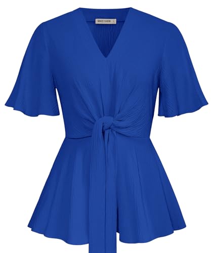 Image of GRACE KARIN Women's Elegant V-Neck Tie Waist Flowy Peplum Shirt Tops