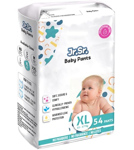 Image of Jr. Sr. Baby Diaper Pants | Extra Large (XL) Size (12-17 kg), 54 Count | Pack of 6 | Upto 12 hr Absorption with Advanced Leak Protection | Safe For Babies Skin | Soft, Secure & Comfy