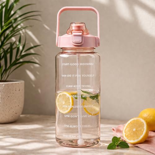 Image of DFIT 2L Transparent Motivational Water Bottle with Motivational Quotes, Time Marker, cute stickers, sippers, Leakproof Durable BPA Free Non-Toxic Plastic Bottle for Fitness, Gym (Pink)
