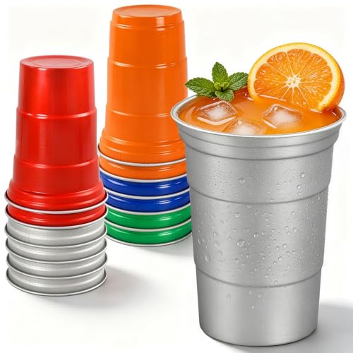 CUPLOOV 12pcs Aluminum Drinking Cups Set 16oz 5 Colors Reusable Metal Cup Bulk Reusable Aluminum Party Cups Disposable Cold Drink Cup for Summer Hawaii Mexican Festival Barbecue Pool Party Supplies