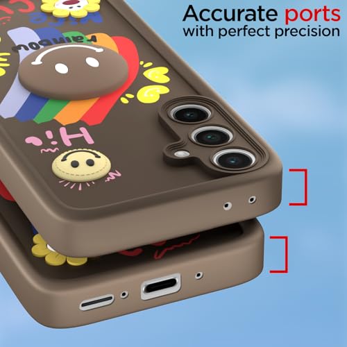 Image of Pikkme Back Cover for Samsung Galaxy S24 FE 5G | Soft Silicone| Cute Rainbow Smile & 3D Cartoon Flower Design | Shockproof Raised Camera Protection Bumper Case (Brown)