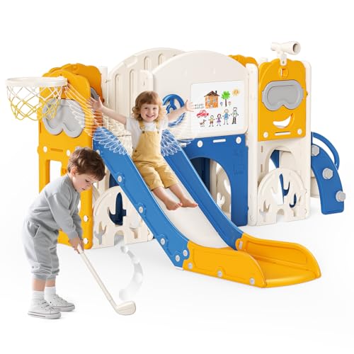 11 in 1 Scivolo per bambini da 1 a 6 anni, grande scivolo con rinforzo antiscivolo, design sicuro a 3 fasi, include golf, cestino da basket e telescopio