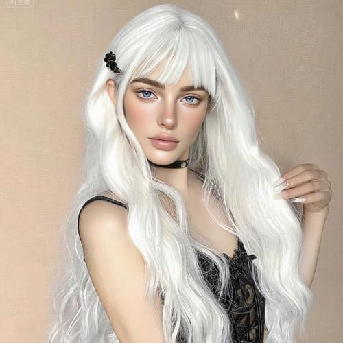 NOSTALGIA White Wig With Bangs White Long Wavy Wigs for Women Long Curly Synthetic Wig for Party Cosplay Daily Use