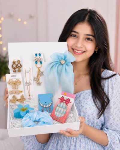 Image of CSN - CUTE SHOPPING NETWORK Women's Gift Hamper, 10-Piece Jewelry & Hair Accessories Gift Set for Women, Pendant Necklace, Bracelet, Earrings, Hair Bow, Scrunchie, Hair Claw, Press-On Nails, Birthday, Rakhi Gift for Sister