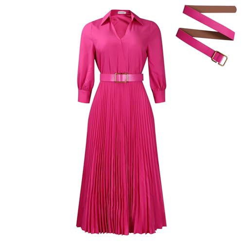 Image of Famnbro Womens Pleated Dress V Neck Long Sleeve A line Church Formal Works Business Dresses with Belt