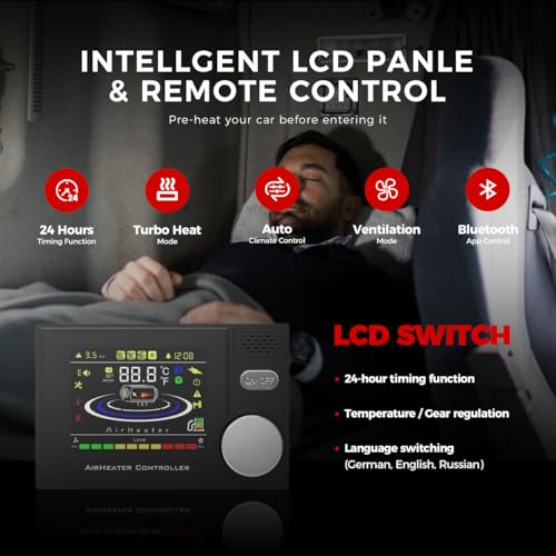 Sunster 8kW Luft Dieselheizung,12V 24 V/110-240V,0.15–0.48L/Std Diesel Standheizung Bluetooth Air Diesel Heizung mit LCD-Display Fernbedienung und 110-240V EU Adapter