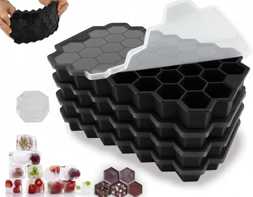 Image of CLOUDVALLEY 4 Pack Silicone Ice Cube Trays with Lids Easy-Release Hexagon Ice Maker for Freezer, Reusable Food-Grade Ice Molds for Cocktail Bar, Whiskey, Iced Coffee & Home Kitchen (Black)