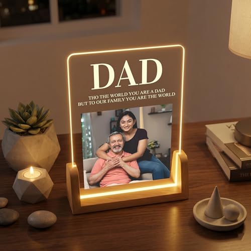 Image of Giftplease Fathers Day Personalized Rectangular Acrylic Wood Tabletop Photo Frame | Warm Led Light Base Custom Single Picture Layout Serif Typography Desktop Night Decor for Dad Papa Husband