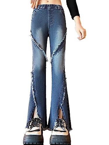 FEESHOW Big Girls Casual Skinny Bell-Bottom Denim Pants Kids High Waist Straight Distressed Slit Flared Jeans