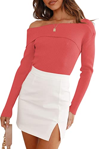 Image of LILLUSORY Womens Off the Shoulder Sweaters Going Out Fall Top | Flattering Ribbed Knit Bodycon Pullover for Date Night,Chic Asymmetric Neckline,Stretchy Holiday Party Clubwear Clothes