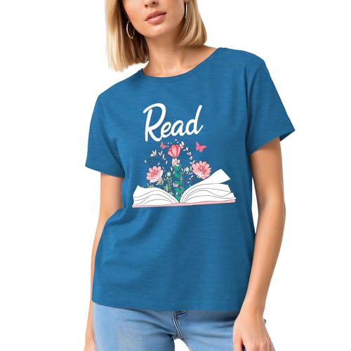 Image of Read Book Shirt for Women-Reading Teacher Tee Tops Pink Flower and Butterfly Short Sleeve Cute Book Shirt