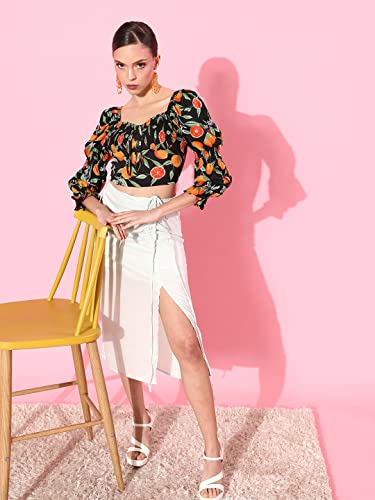 Image of Style Quotient Black & Orange Print Sweetheart Neck Bishop Sleeves Crop Top
