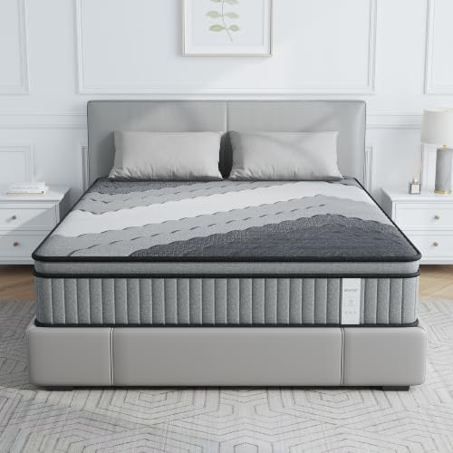 Image of 10 Inch Queen Hybrid Mattress with Gel Memory Foam & Pocket Springs | Mattress in a Box for Pressure Relief & Cool Sleep, Edge Support & Motion Isolation, CertiPUR-US Certified, Gray-White Stripe