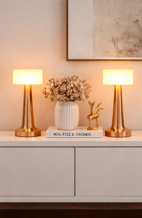 Image of Rose Gold LED Table Lamp - Modern Decorative Bedside Night Lamp with Soft Warm Light, Minimalist Metal Desk Light for Bedroom, Living Room & Office
