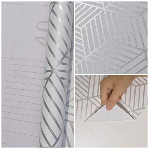Image of MelunMer White and Silver Peel and Stick Wallpaper Modern 17.7 inchx197 inch