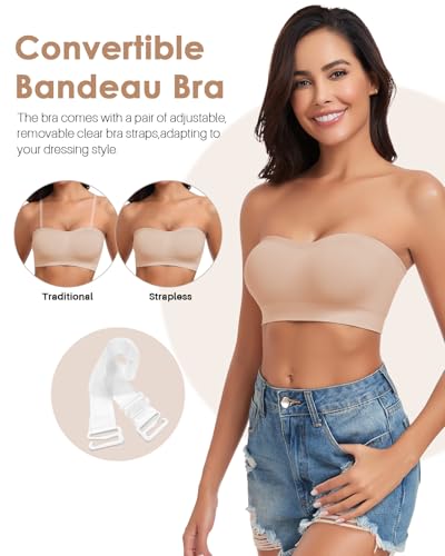 Image of Strapless Bra for Women Bandeau Bras Seamless Wireless Padded Bandeau Top Non-Slip Tube Top
