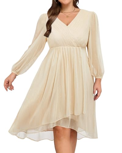 Image of Talisea Plus Size Cocktail Dress - Formal Wedding Guest Fall Long Sleeve A Line Pleated V Neck Midi Dresses for Curvy Women