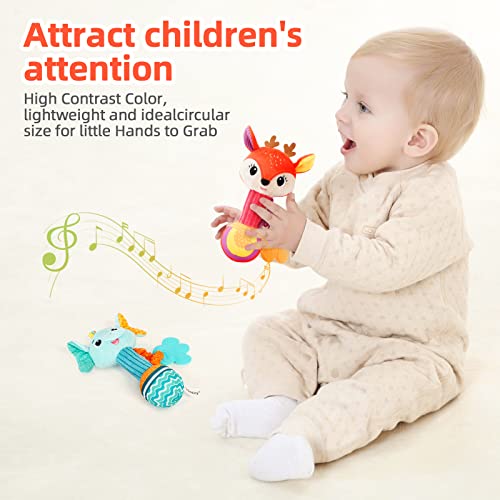 Baby Rattles 0-6 Months, Set Of 2 Rattles For Babies 0-6 Months, Soft Stuffed Animal Rattle Hand Grip Baby Toys, Baby Rattle Shaker Crinkle Squeaky Sensory Travel Accessories For 0 3 6 9 12 Months Old #TOP3