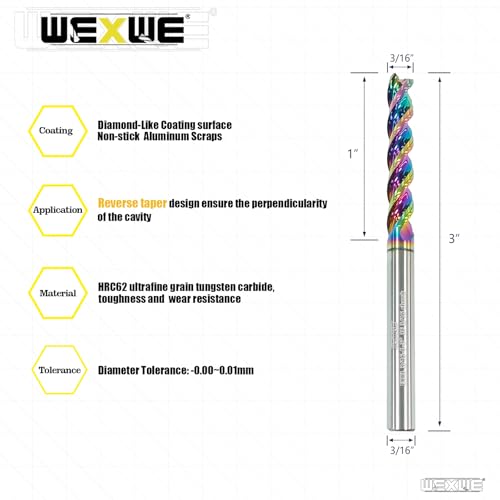 Image of Tools 3 /16 inch Extra Long Carbide Square End Mill for Aluminum, Copper Alloy, Plastic, 3 inch Overall Length End Mill Bits, 3 Flute HRC 62 Deg DLC Coating, CNC Router Bits 3 /16 Shank (3 /16-3 inch 5PCS)