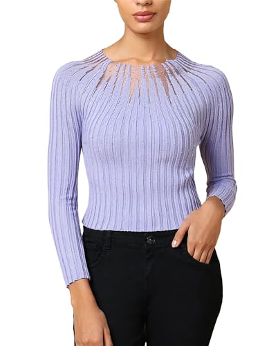 Image of ICW Women Knitted Rhinestone Embellised Daimond Studded Mesh Round Neck Long Sleeve Crop Top T-Shirt 206