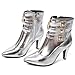 MEOTINA Silver Ankle Boots for Women Dressy Kitten Heel Pointed Toe Booties Buckle High Heeled Metallic Shoes