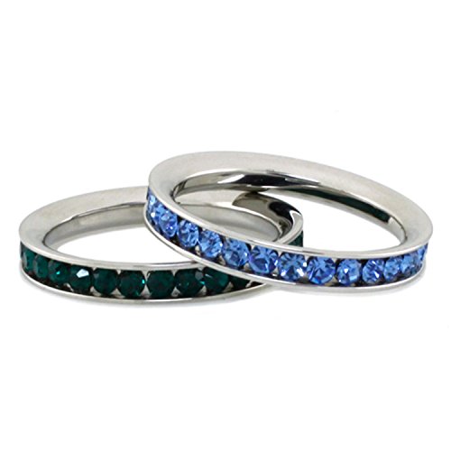 Gratis Grabado Personalizado Acero Inoxidable de 3 mm Eternidad Azul y Verde Zafiro de Color Cristal Anillos Apilables (2 piezas) Set - Tamaño 25 Gratis Grabado Personalizado Acero Inoxidable de 3 mm Eternidad Azul y Verde Zafiro de Color Cristal Anillos Apilables (2 piezas) Set - Tamaño 25
