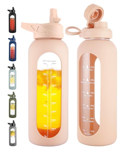 Image of CIVAGO 40 oz Glass Water Bottle with Straw and Handle, Large Sports Motivational Water Bottle Flask with Time Marker and 2 Lids, Leakproof Water Jug Canteen with Silicone Sleeve for Gym, Beige