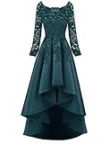 NOVIA Women's Short Fornt Long Back Boat Neck Lace Prom Wedding Dresses Long Sleeves Beaded Formal Party Gown Teal 10