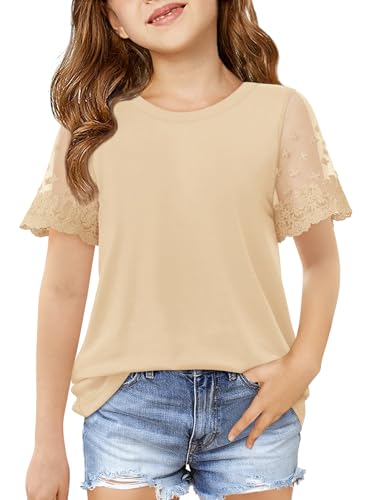 Image of Haloumoning Girls Lace Short Sleeve T Shirts Kids Summer Crewneck Tunic Tops Curved Hem 5-14 Years