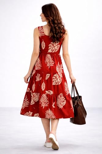 Image of Women Printed Midi Dress V-Neck Short Sleevless Maroon Pattern A-Line Dress