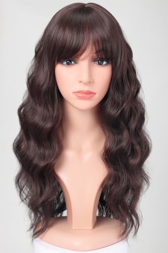 Medium Long Brown Wavy Wigs For Women Synthetic Full Hair Wigs With Bangs For Daily Use (brown)