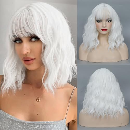 CLIONE White Wigs for Women - Short Wavy Bob Wig with Bangs, Synthetic, Shoulder Length, For Daily Party Use & Halloween Costume, 14'
