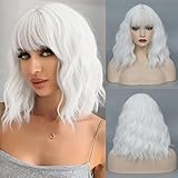 CLIONE White Wigs for Women - Short Wavy Bob Wig with Bangs, Synthetic, Shoulder Length, For Daily Party Use & Halloween Costume, 14'