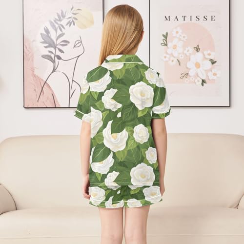 ALAZA Camellia Flower Green Satin Pajamas Set Short Sleeve Button Down Sleepwear Summer Pjs 2 Piece4