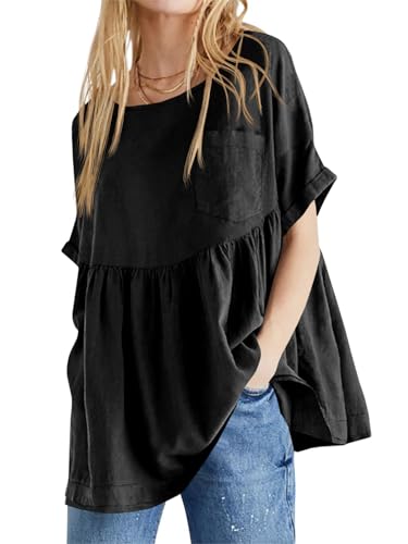 Imily Bela Camiseta Peplum de manga corta para mujer, túnica de verano, camisas, babydoll top holgado, Negro , M