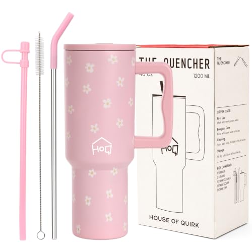 Image of House of Quirk 1200ML Stainless Steel Tumbler with Handle & Lid, 2 Straws - Large Travel Mug Water Cup for Gym, Office & Outdoor Use (Pink Daisy)