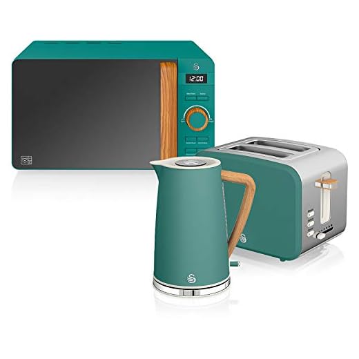 Swan Nordic Set Desayuno Hervidor de agua 1,7L 2200W, Tostadora Pan ranura ancha 2 rebanadas, Microondas 20L digital, diseño moderno, efecto madera, verde