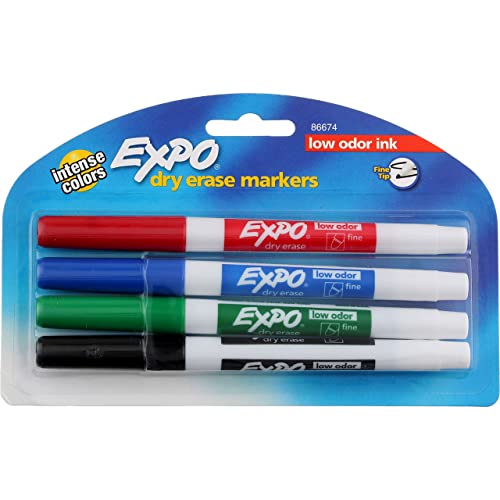 Expo 86674K Low-Odor Dry Erase Markers, Fine Point, Assorted Colors, 1 Blister Pack with 4 Markers, Total of 4 Markers
