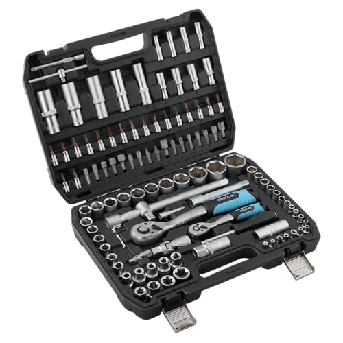 Cecotec Maletín Portaherramientas 108 Piezas ToolBox KRK 4200. 2 Carracas de 72 Dientes, Vasos CR V de Alta Resistencia, Puntas de Acero S2, Vasos para Llantas, 2 Hebillas Metálicas
