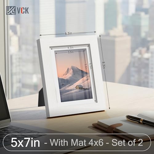Image of VCK 5x7 Picture Frame 2 Pack, White Wood, 4x6 Mat, Glass, for Photo Print