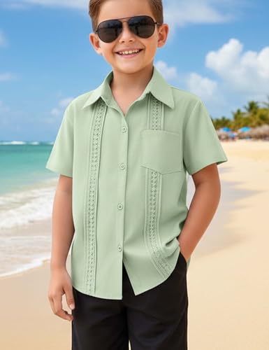 Image of Boys Guayabera Shirt Short Sleeve Button Down Casual Linen Shirt with Pockets for Summer Hawaiian Holiday 4-13Y