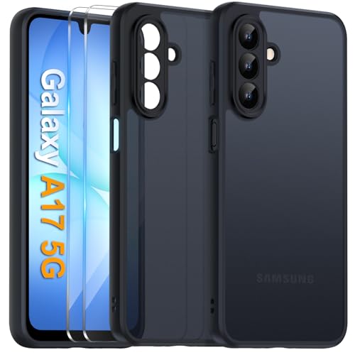 COPIKE Funda Mate para Samsung Galaxy A17 4G / 5G y Protector de Cámara, Carcasa Antigolpes Helada Translúcida Antihuellas con 2 Piezas Cristal Templado, Negro